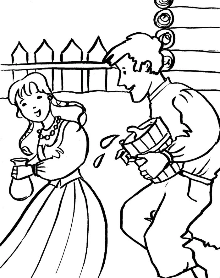 Coloring book boy runs with a bucket of water